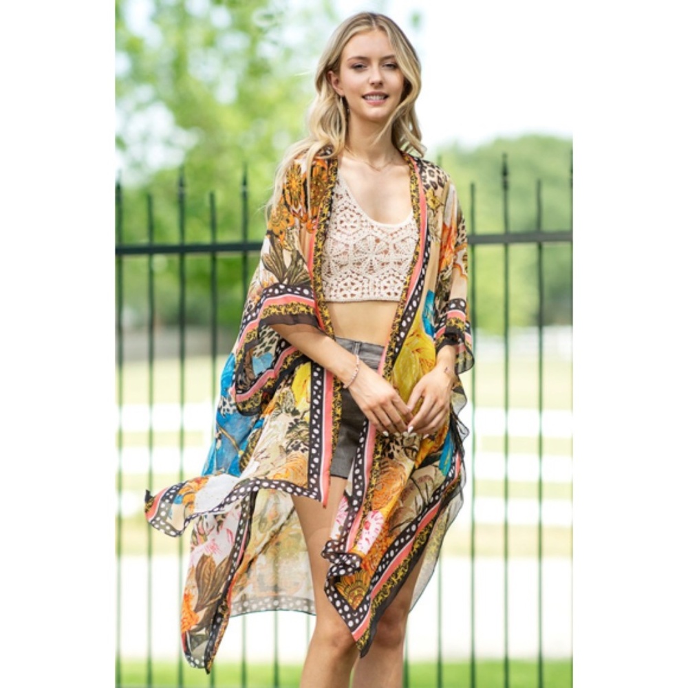 SOLD OUT Milan Colorful Leopard Animal Print & Floral Border Kimono Wrap Coverup - Picture 6 of 15